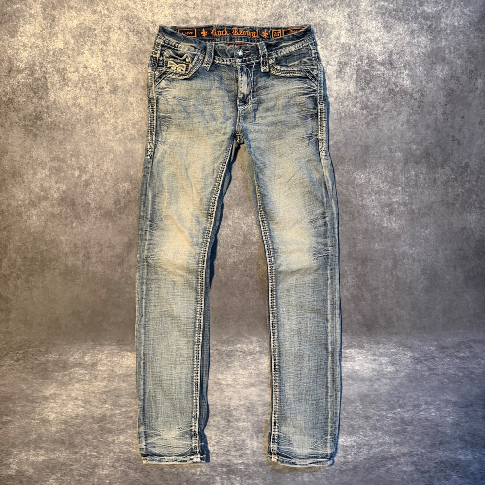 Rock Revival Clove Mid Rise Straight Jeans Womens 26 Light Wash Embroidered FLAW